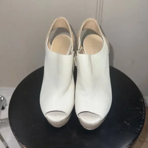Authentic GUCCI Cream Leather Raffia Jute Wedge Heel Slingback Sandals EU 37.5